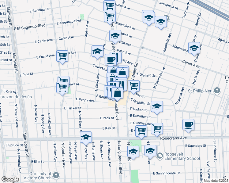 map of restaurants, bars, coffee shops, grocery stores, and more near 1909 North Long Beach Boulevard in Compton