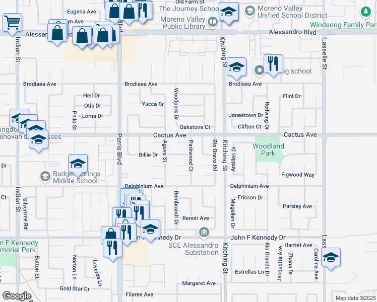 map of restaurants, bars, coffee shops, grocery stores, and more near 25322 Billie Drive in Moreno Valley