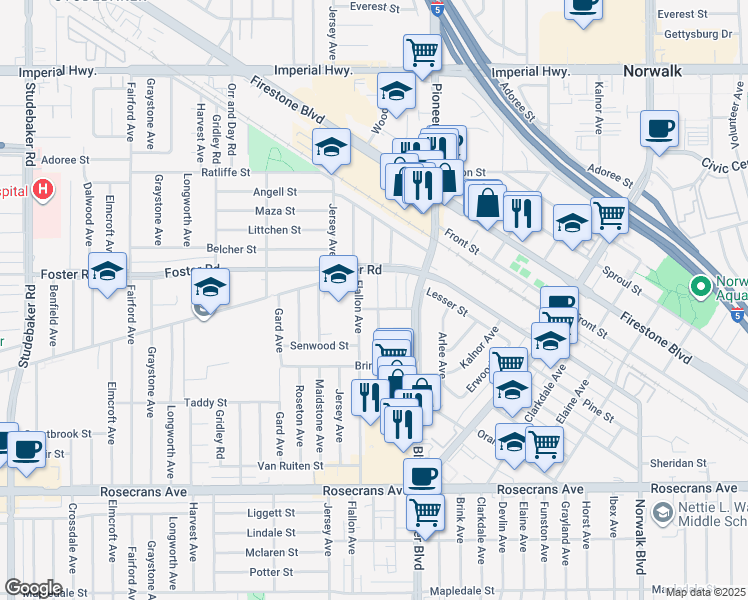 map of restaurants, bars, coffee shops, grocery stores, and more near 13537 Alburtis Avenue in Norwalk