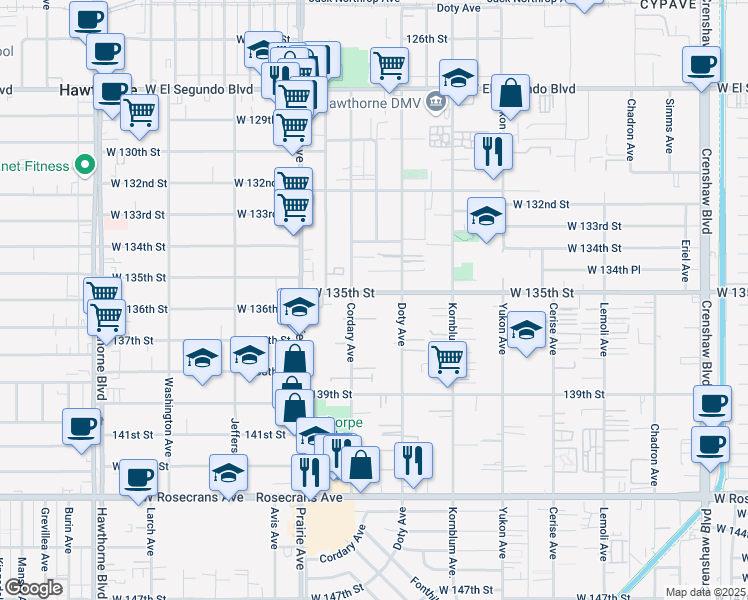 map of restaurants, bars, coffee shops, grocery stores, and more near 3844 West 135th Street in Hawthorne