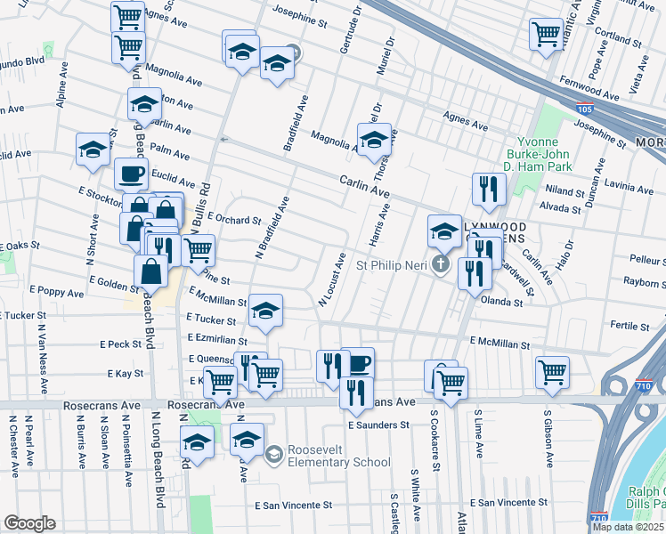 map of restaurants, bars, coffee shops, grocery stores, and more near 2201 North Locust Avenue in Compton
