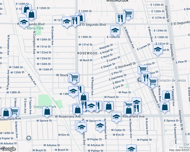 map of restaurants, bars, coffee shops, grocery stores, and more near 2008 West Stockwell Street in Compton