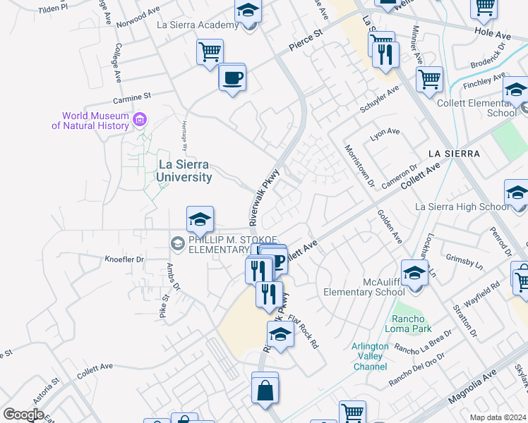 map of restaurants, bars, coffee shops, grocery stores, and more near 11559 Park Trails Court in Riverside