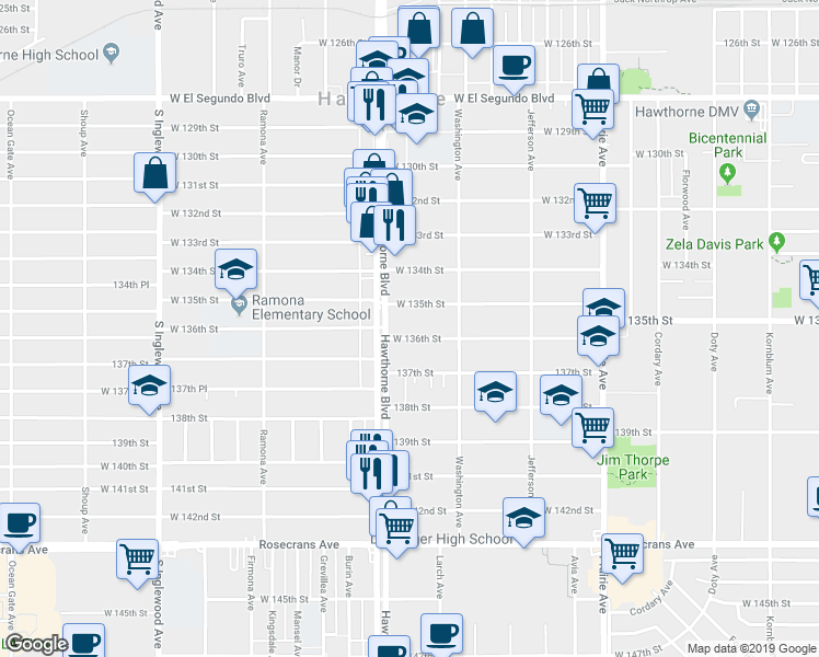 map of restaurants, bars, coffee shops, grocery stores, and more near 4381 West 136th Street in Hawthorne