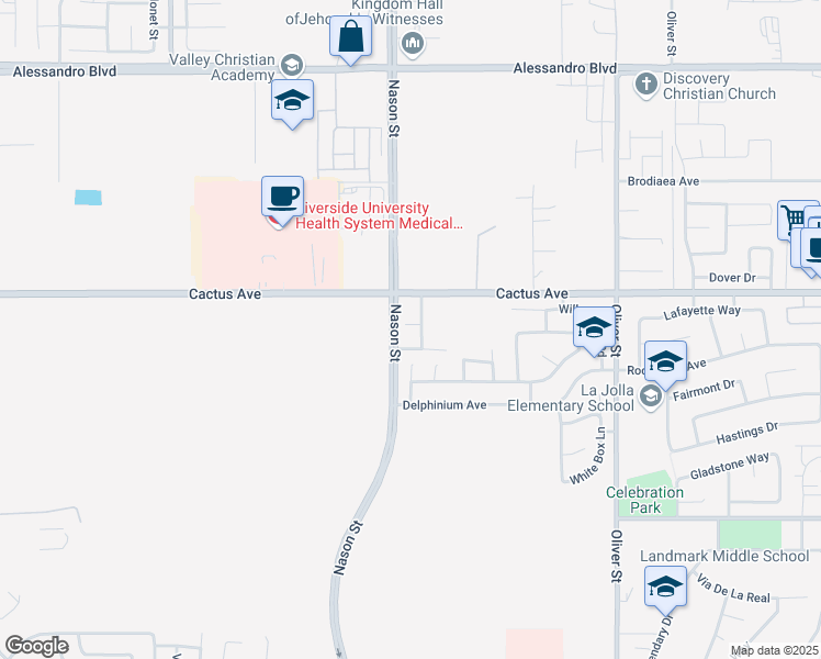 map of restaurants, bars, coffee shops, grocery stores, and more near 14579 Lynn Lee Lane in Moreno Valley