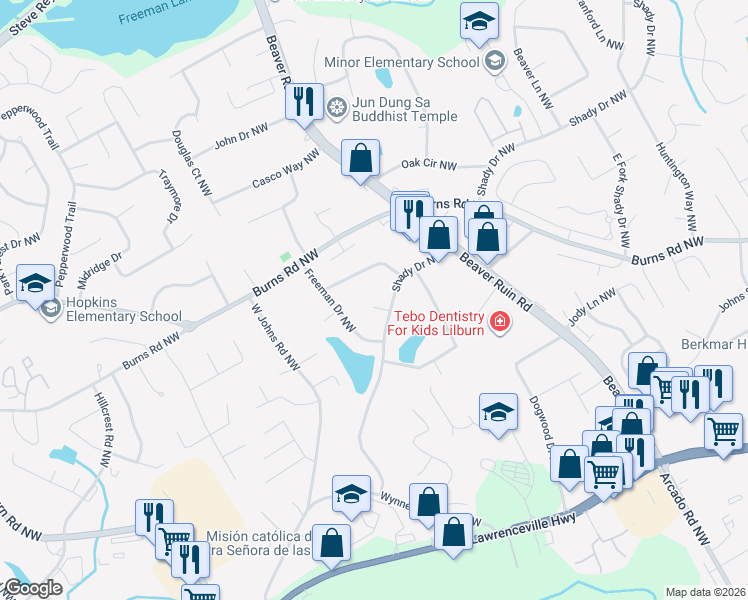 map of restaurants, bars, coffee shops, grocery stores, and more near 713 Berts Circle Northwest in Lilburn
