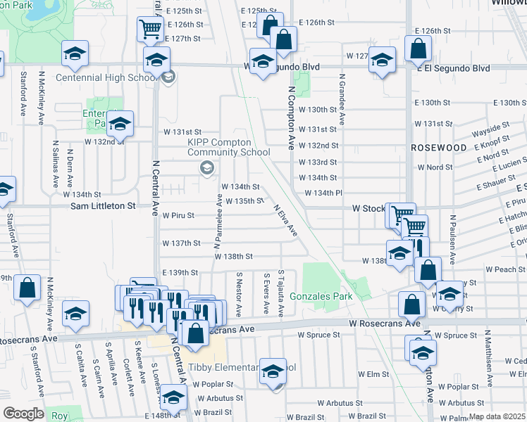 map of restaurants, bars, coffee shops, grocery stores, and more near 1219 West Piru Street in Compton