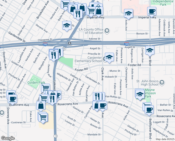 map of restaurants, bars, coffee shops, grocery stores, and more near 9246 Foster Road in Bellflower