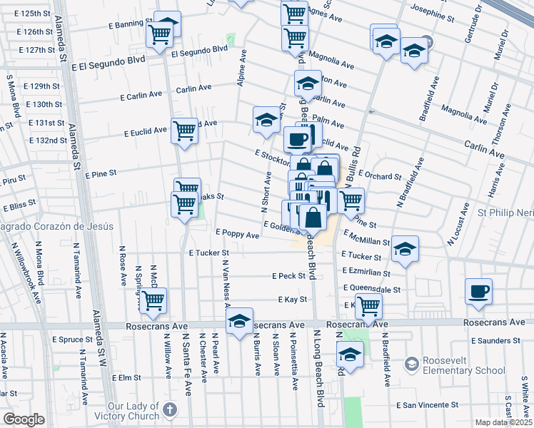 map of restaurants, bars, coffee shops, grocery stores, and more near 1026 East Oaks Street in Compton