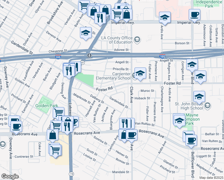 map of restaurants, bars, coffee shops, grocery stores, and more near 9246 Foster Road in Bellflower