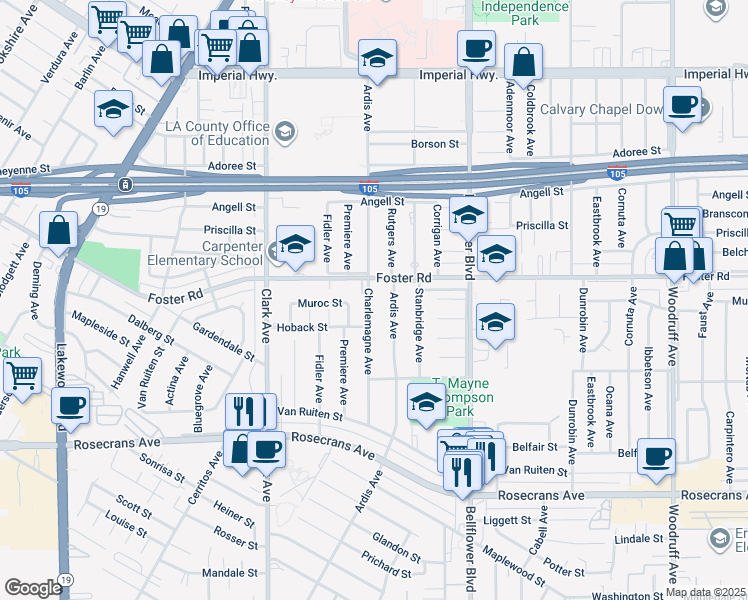 map of restaurants, bars, coffee shops, grocery stores, and more near 13426 Charlemagne Avenue in Bellflower