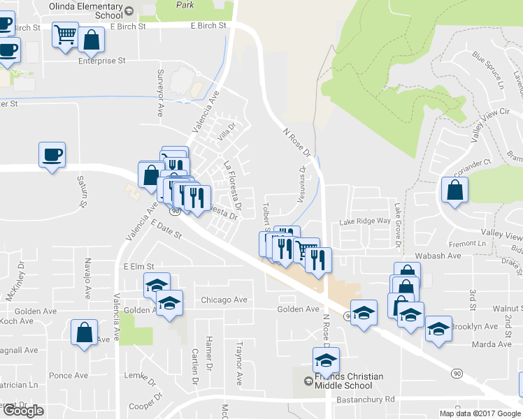 map of restaurants, bars, coffee shops, grocery stores, and more near 397 Tolbert Street in Brea