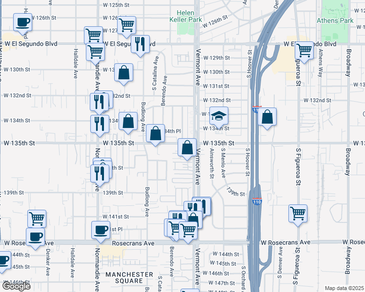 map of restaurants, bars, coffee shops, grocery stores, and more near 13503 Vermont Avenue in Gardena