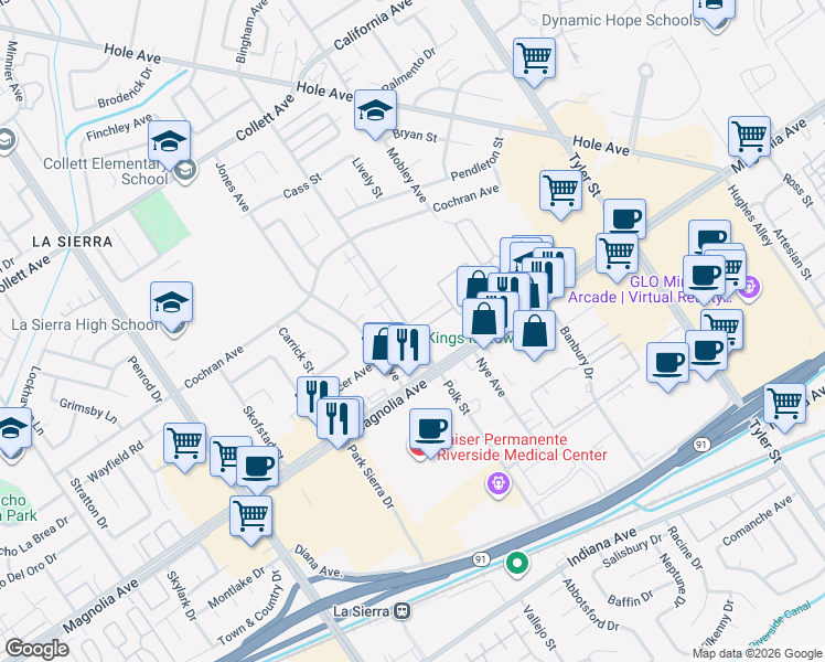 map of restaurants, bars, coffee shops, grocery stores, and more near 3861 Polk Street in Riverside