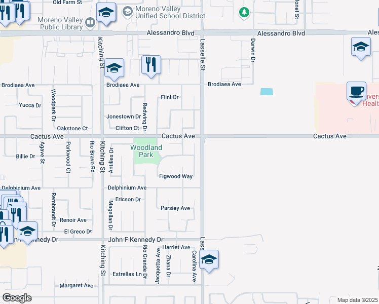 map of restaurants, bars, coffee shops, grocery stores, and more near 25950 White Wood Circle in Moreno Valley