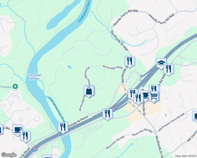map of restaurants, bars, coffee shops, grocery stores, and more near 1600 Riveredge Parkway Northwest in Atlanta