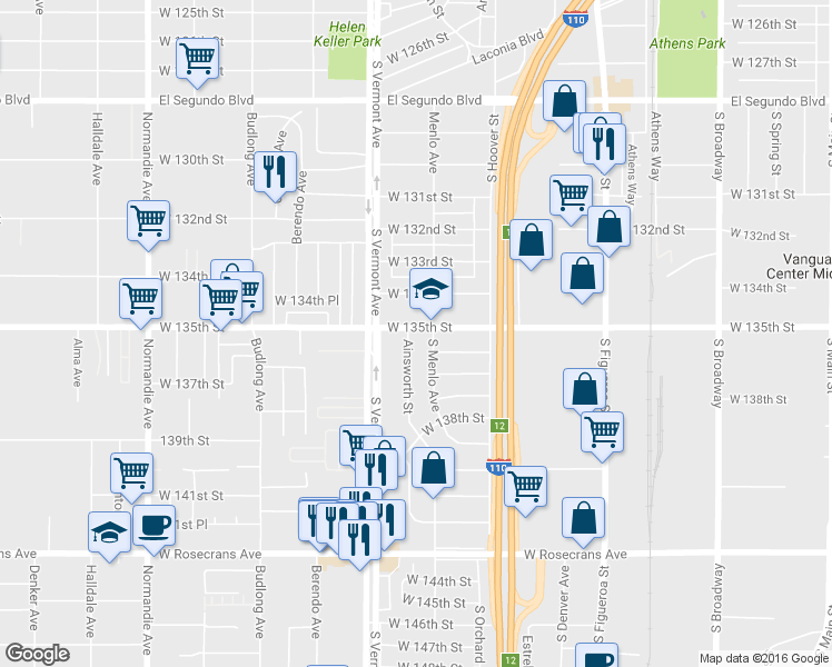 map of restaurants, bars, coffee shops, grocery stores, and more near 13502 South Ainsworth Street in Gardena
