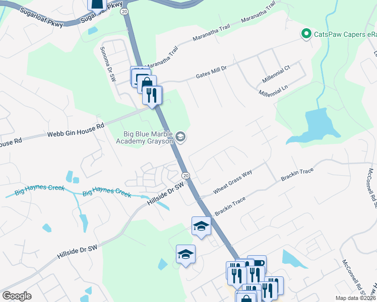 map of restaurants, bars, coffee shops, grocery stores, and more near 1515 Willow River Run in Grayson