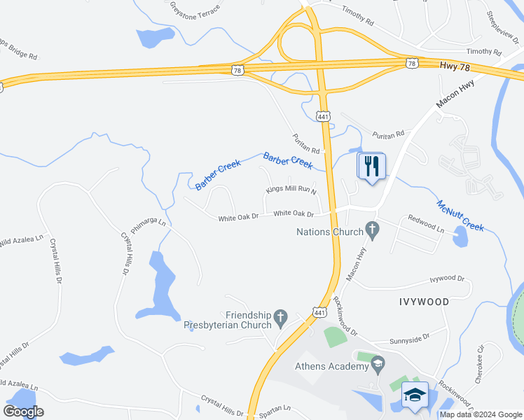 map of restaurants, bars, coffee shops, grocery stores, and more near 1170 Kings Mill Run North in Athens