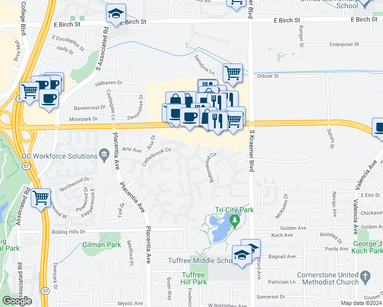 map of restaurants, bars, coffee shops, grocery stores, and more near 2961 Bluegrass Lane in Fullerton