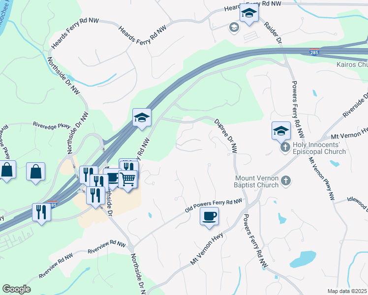 map of restaurants, bars, coffee shops, grocery stores, and more near 500 Bainbridge Drive Northwest in Atlanta
