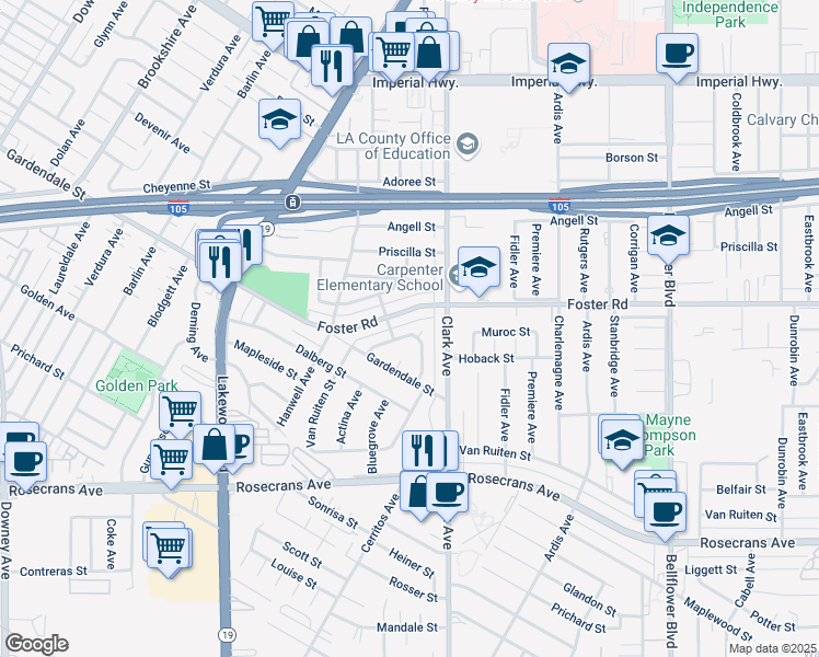 map of restaurants, bars, coffee shops, grocery stores, and more near 9319 Muroc Street in Bellflower