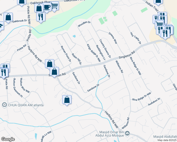 map of restaurants, bars, coffee shops, grocery stores, and more near 1280 Singleton Valley Circle in Norcross