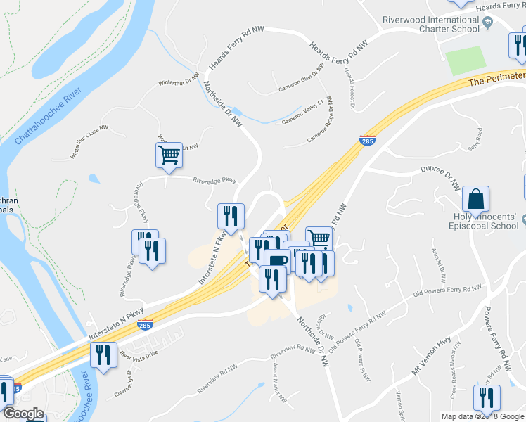 map of restaurants, bars, coffee shops, grocery stores, and more near 5660 New Northside Drive Northwest in Atlanta