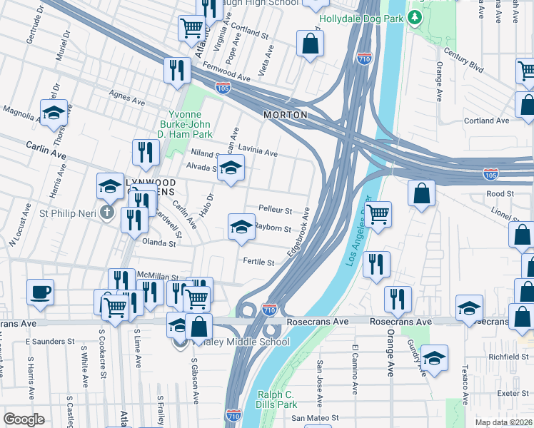map of restaurants, bars, coffee shops, grocery stores, and more near 5436 Pelleur St in Lynwood