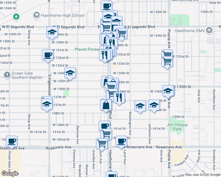 map of restaurants, bars, coffee shops, grocery stores, and more near W 136th St & Hawthorne Blvd in Hawthorne