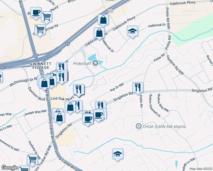map of restaurants, bars, coffee shops, grocery stores, and more near 5931 Brookside Oak Circle in Norcross