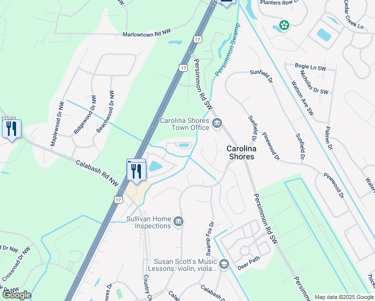 map of restaurants, bars, coffee shops, grocery stores, and more near 335 Bulkhead Bend in Calabash
