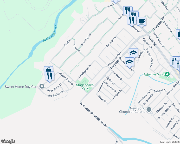 map of restaurants, bars, coffee shops, grocery stores, and more near 2152 Browning Circle in Corona