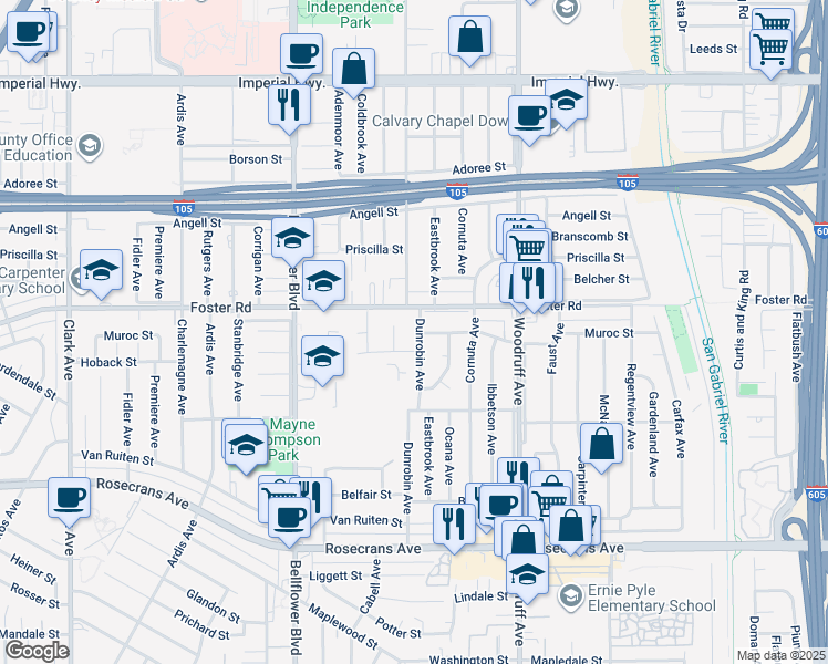map of restaurants, bars, coffee shops, grocery stores, and more near 13425 Dunrobin Avenue in Bellflower