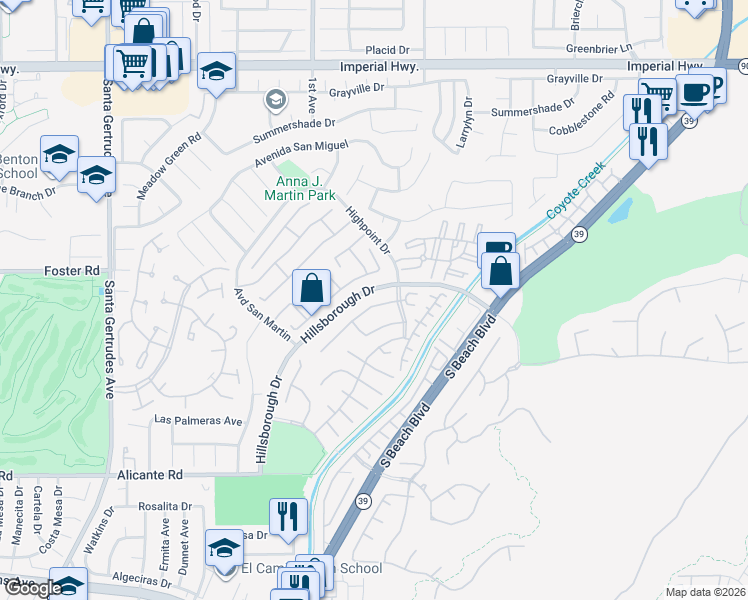 map of restaurants, bars, coffee shops, grocery stores, and more near 16335 Alpine Place in La Mirada