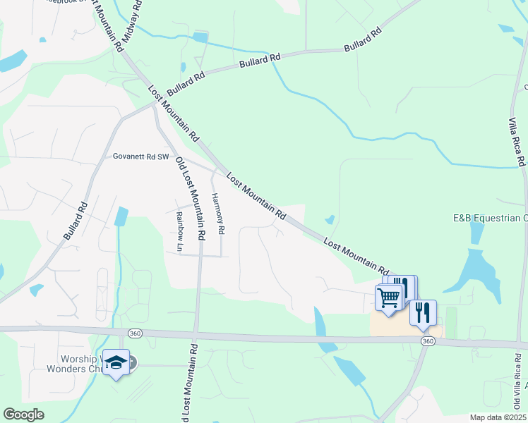 map of restaurants, bars, coffee shops, grocery stores, and more near 1826 Lost Mountain Road in Powder Springs
