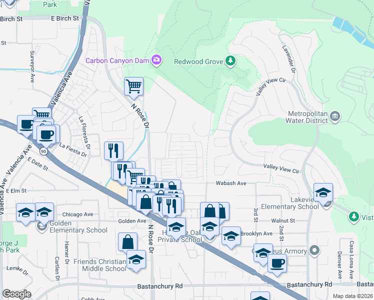 map of restaurants, bars, coffee shops, grocery stores, and more near 16959 Pleasant Way in Yorba Linda