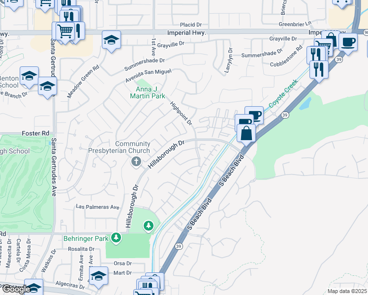 map of restaurants, bars, coffee shops, grocery stores, and more near 16335 Alpine Place in La Mirada
