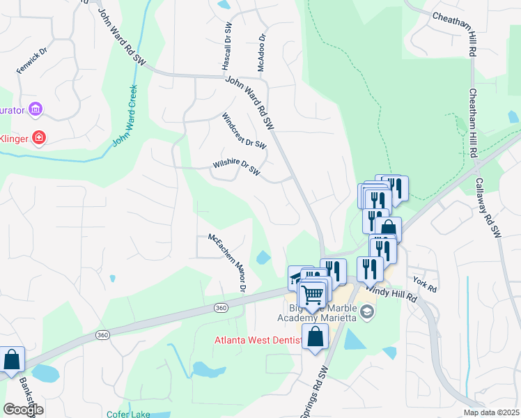 map of restaurants, bars, coffee shops, grocery stores, and more near 1763 Benningfield Drive Southwest in Marietta