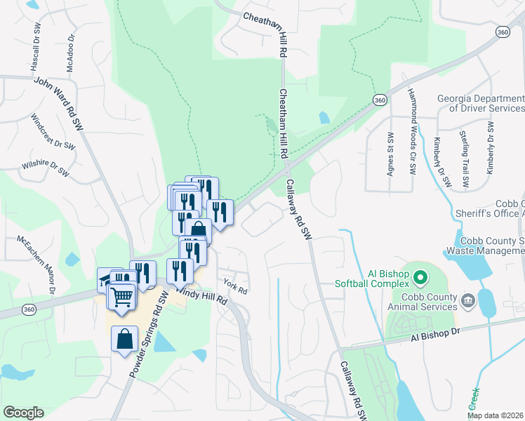 map of restaurants, bars, coffee shops, grocery stores, and more near 1927 Kolb Farm Circle Southwest in Marietta