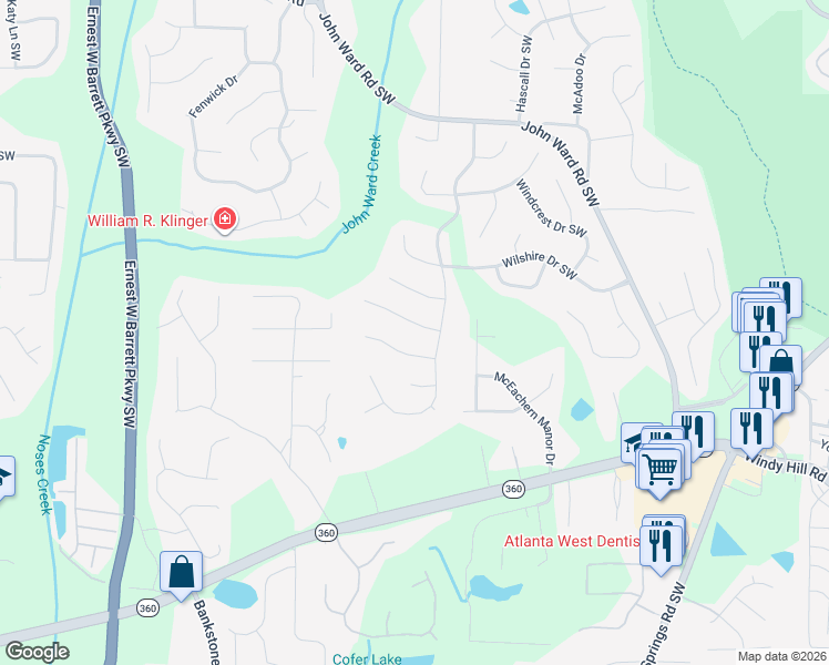 map of restaurants, bars, coffee shops, grocery stores, and more near 2145 Kensington Court Southwest in Marietta