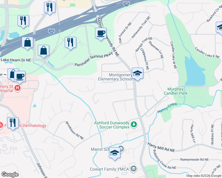 map of restaurants, bars, coffee shops, grocery stores, and more near 1296 Chaucer Lane Northeast in Atlanta