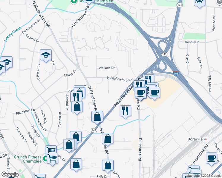 map of restaurants, bars, coffee shops, grocery stores, and more near 3959 Forrest Court in Chamblee