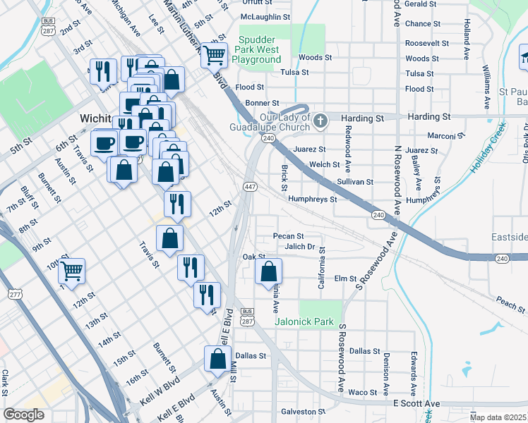 map of restaurants, bars, coffee shops, grocery stores, and more near 100 Park Street in Wichita Falls