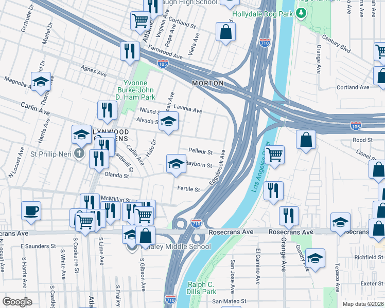 map of restaurants, bars, coffee shops, grocery stores, and more near 5436 Pelleur Street in Lynwood