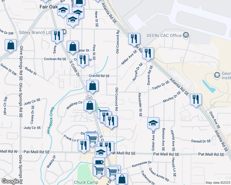 map of restaurants, bars, coffee shops, grocery stores, and more near 1806 Old Concord Road in Marietta