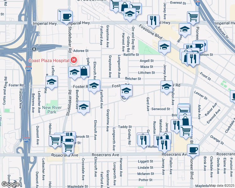 map of restaurants, bars, coffee shops, grocery stores, and more near 11268 Hoback Street in Norwalk
