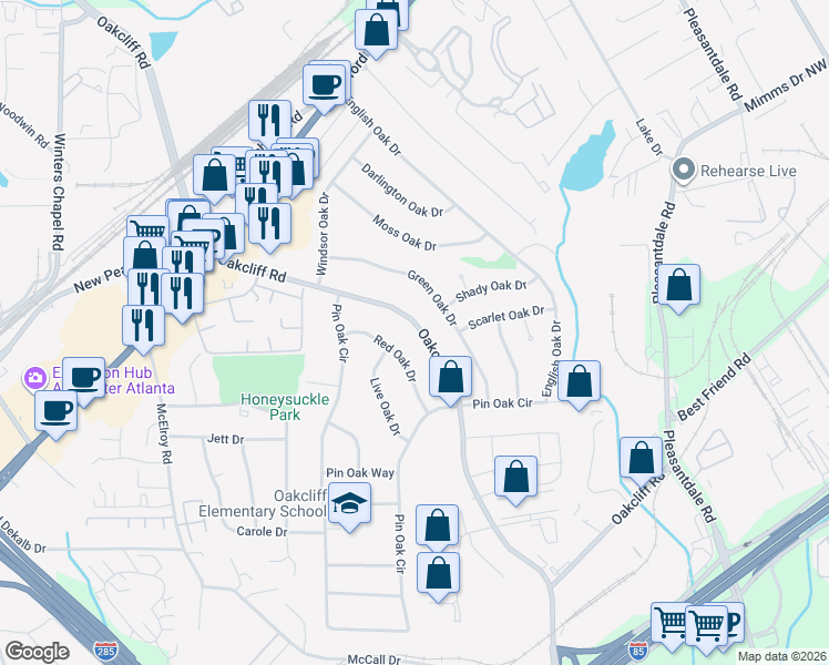 map of restaurants, bars, coffee shops, grocery stores, and more near 3269 Oakcliff Road in Doraville
