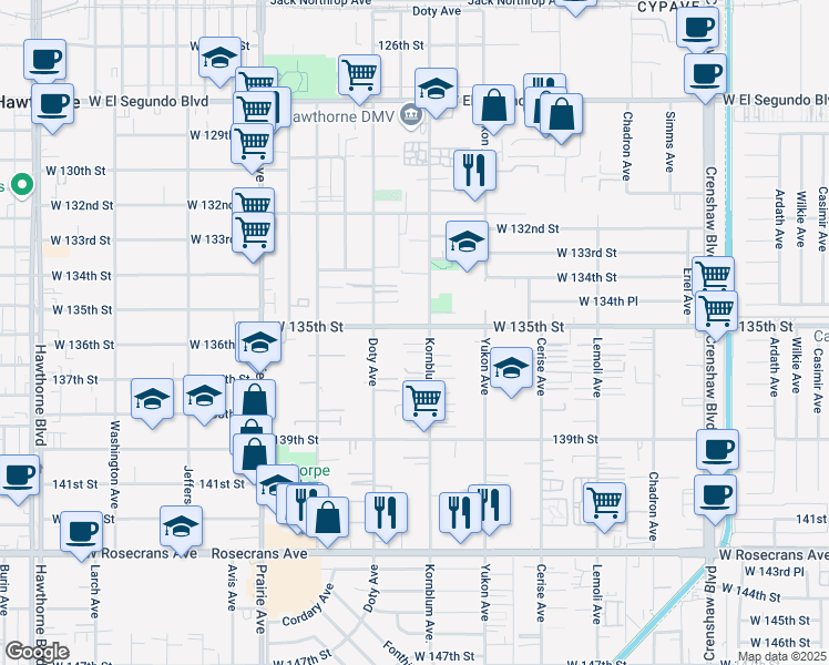 map of restaurants, bars, coffee shops, grocery stores, and more near 3718 West 135th Street in Hawthorne
