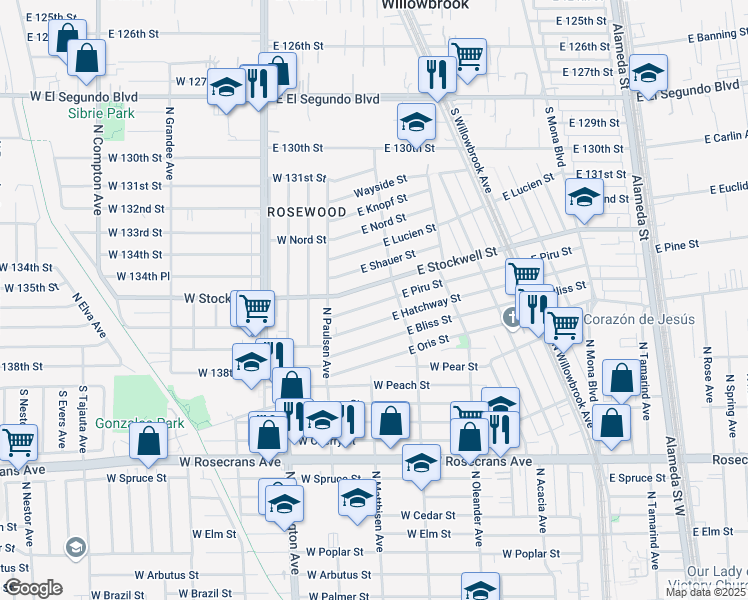 map of restaurants, bars, coffee shops, grocery stores, and more near 2061 East Piru Street in Compton